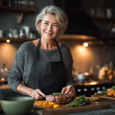 Група активних літніх людей на кухні з різноманітними здоровими продуктами