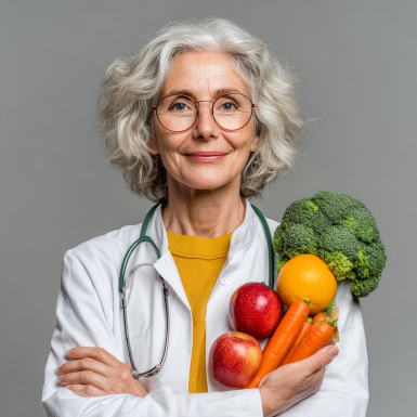 Активна літня жінка з корзиною свіжих овочів та фруктів на ринку